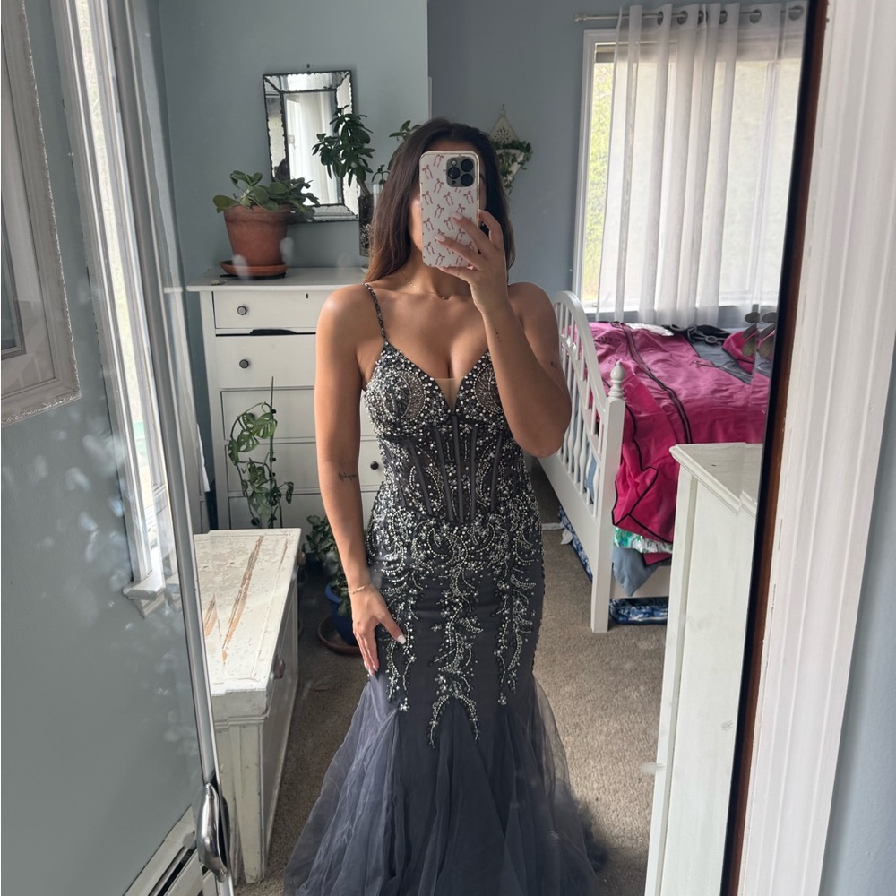 Elegant Beaded Gray Gown